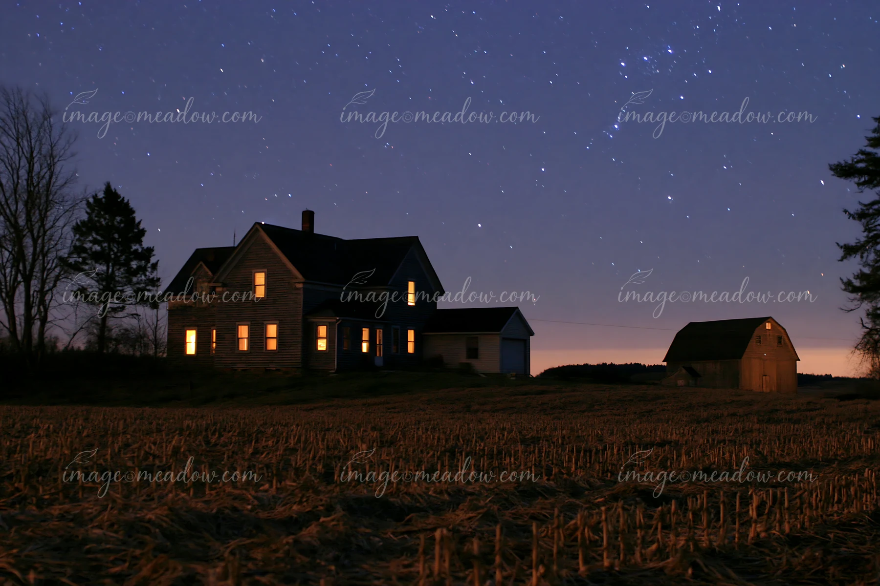 A house under starry night stands in a field, illuminated by warm light from its windows.