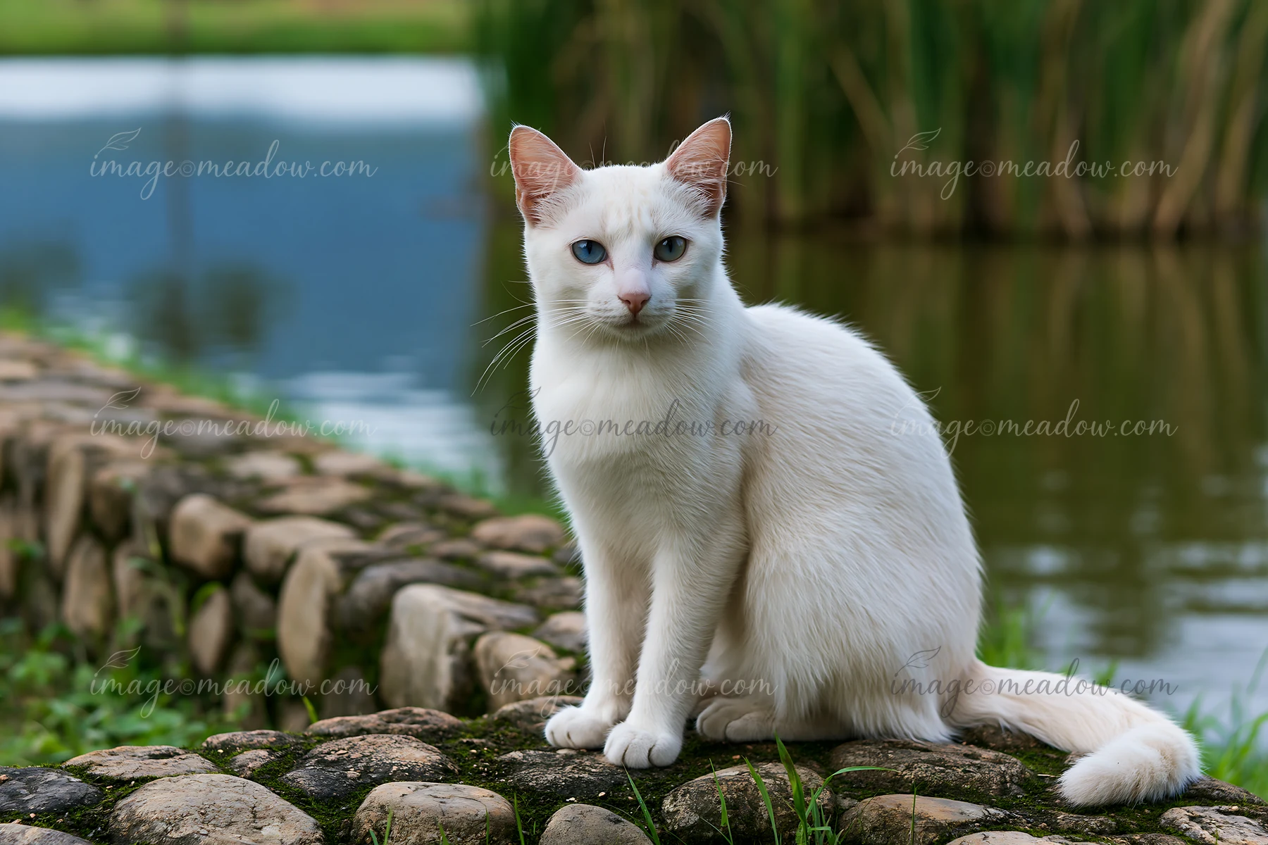 A Khao Manee cat poses on a stone path near calm water, surrounded by green grass and reeds.