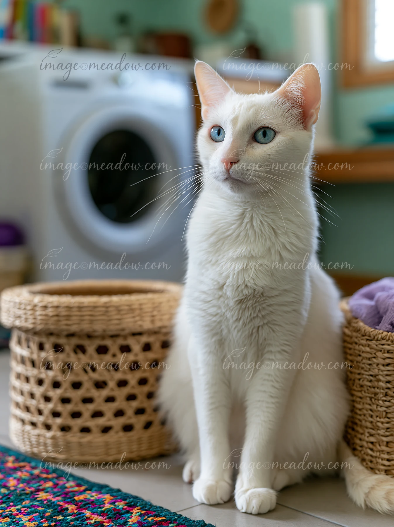 A Khao Manee cat sits calmly between two woven baskets in a cozy home.