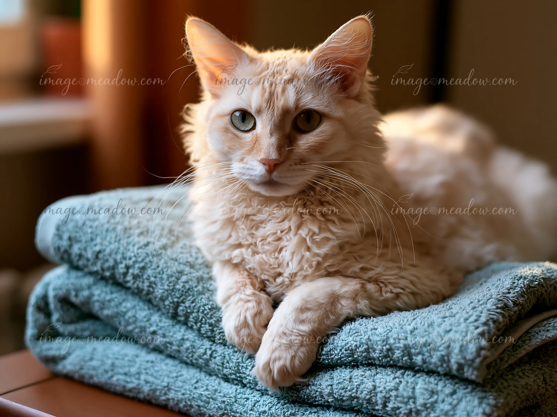 A LaPerm cat lies on top of a stack of blue towels, with soft lighting highlighting its curly fur and expressive eyes.