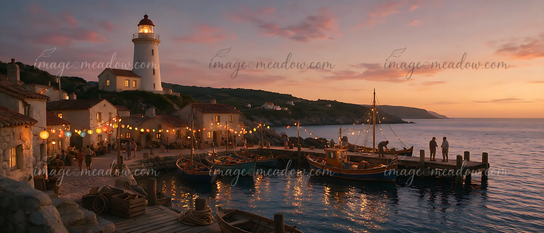 A lighthouse overlooking a fishing village stands tall as fishermen unload their boats.