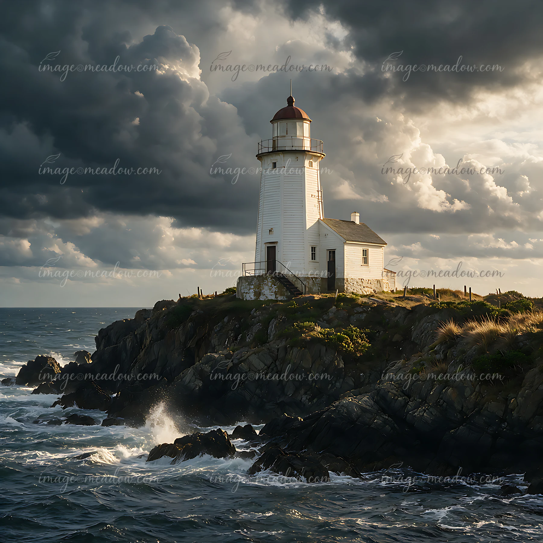 A lighthouse stands on a rocky coastline with waves crashing against the shore.