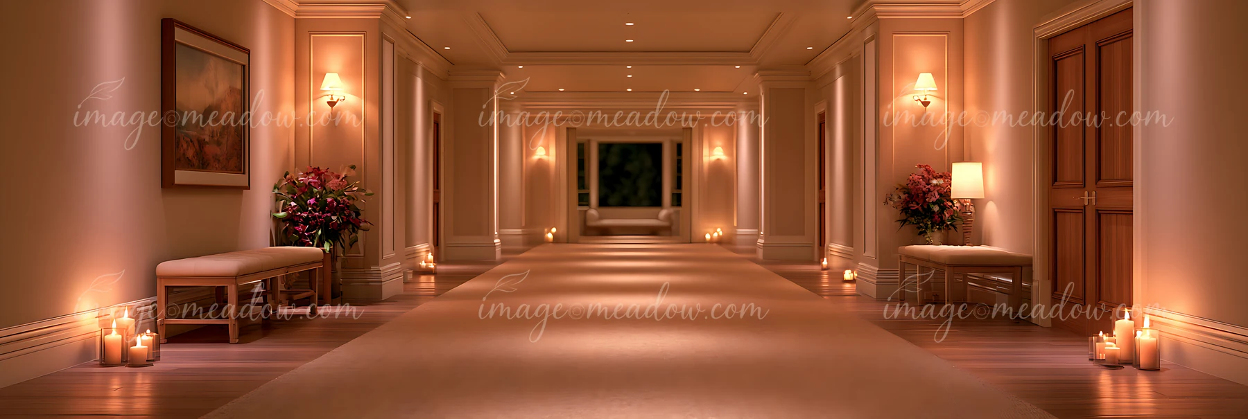 A long hallway features soft lighting, benches on either side, and candles lining the floor.