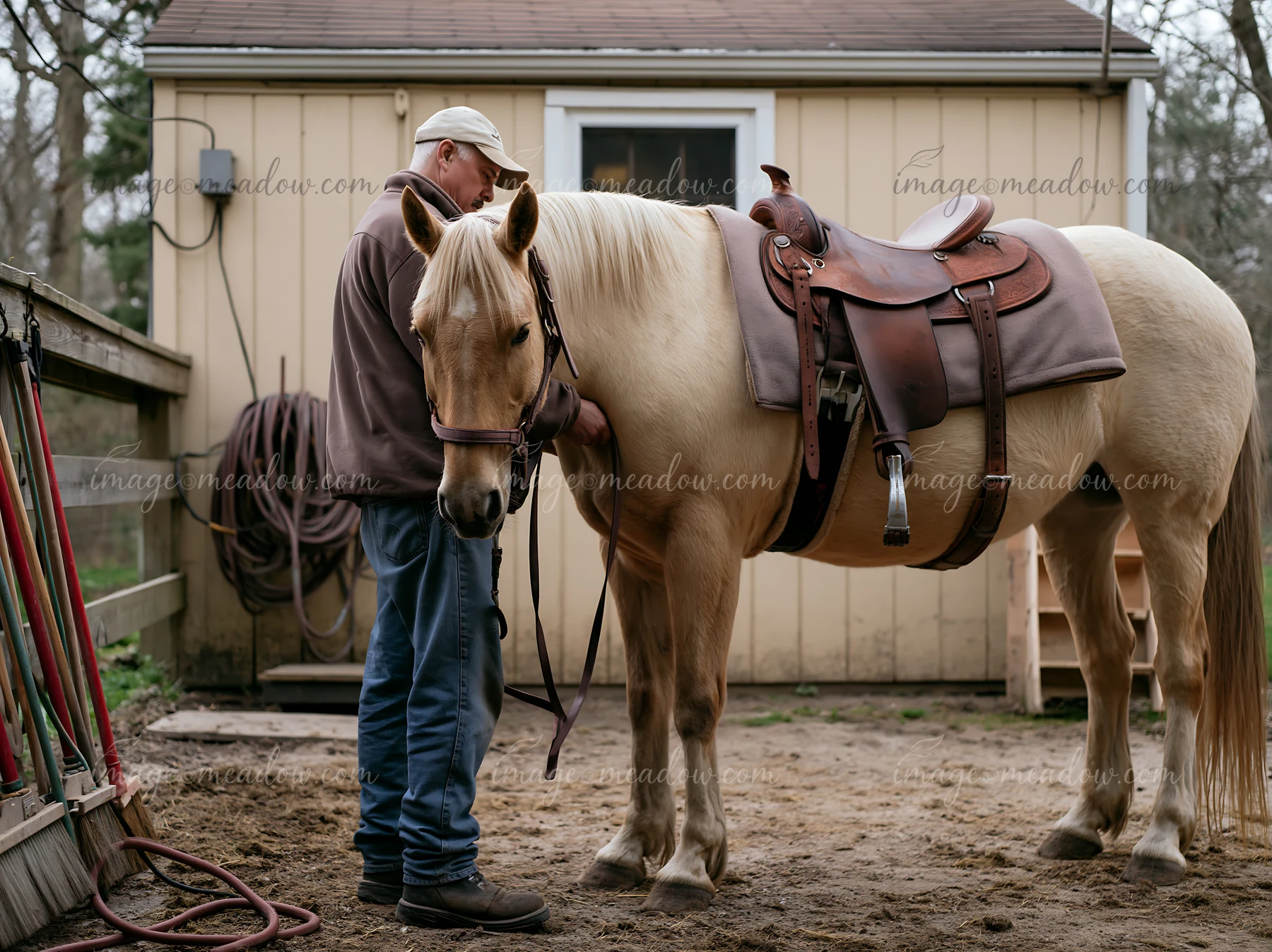 A man saddling a horse stands in a stable area with tools nearby.