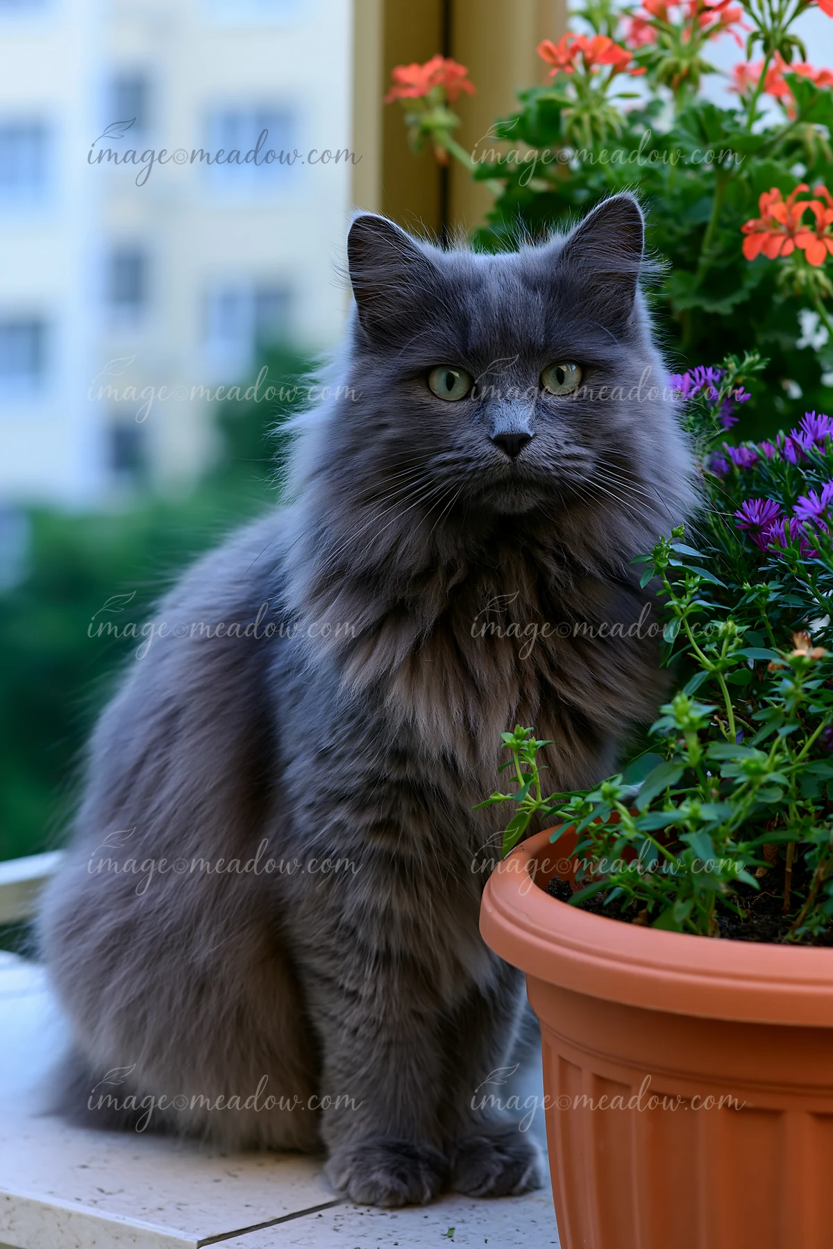 A Mandalay cat with gray fur sits next to colorful flower pots on a balcony.