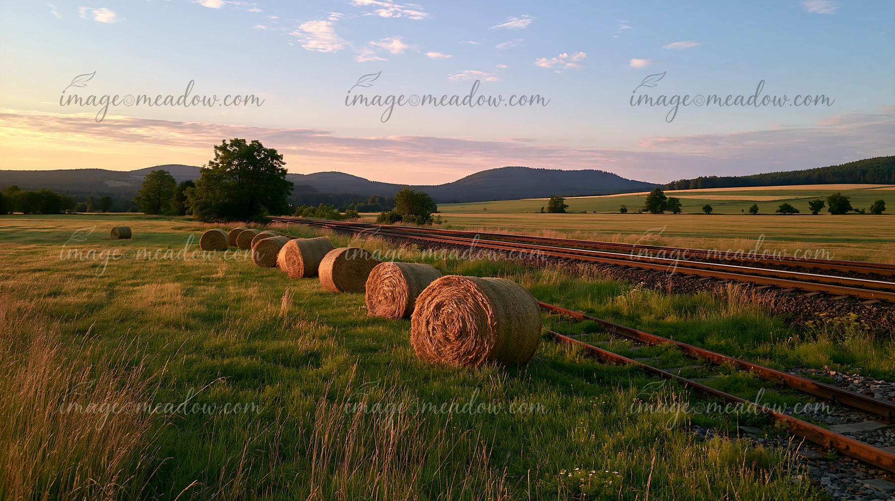 A meadow alongside railway tracks shows hay bales lined up under a clear sky at dusk.