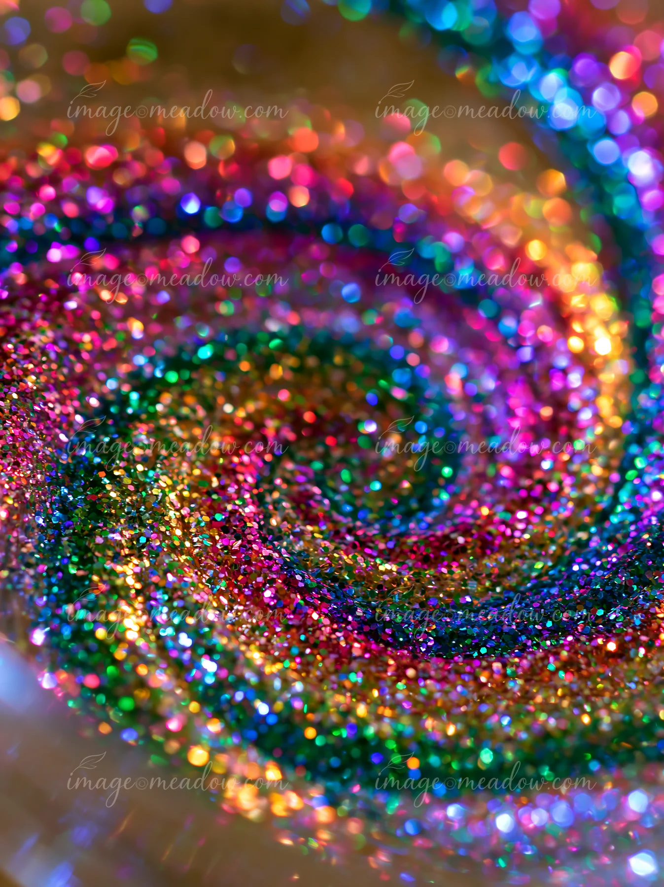A multicolor glitter swirl macro photograph shows vibrant glitter particles in a swirling pattern, creating a dazzling display of colors.