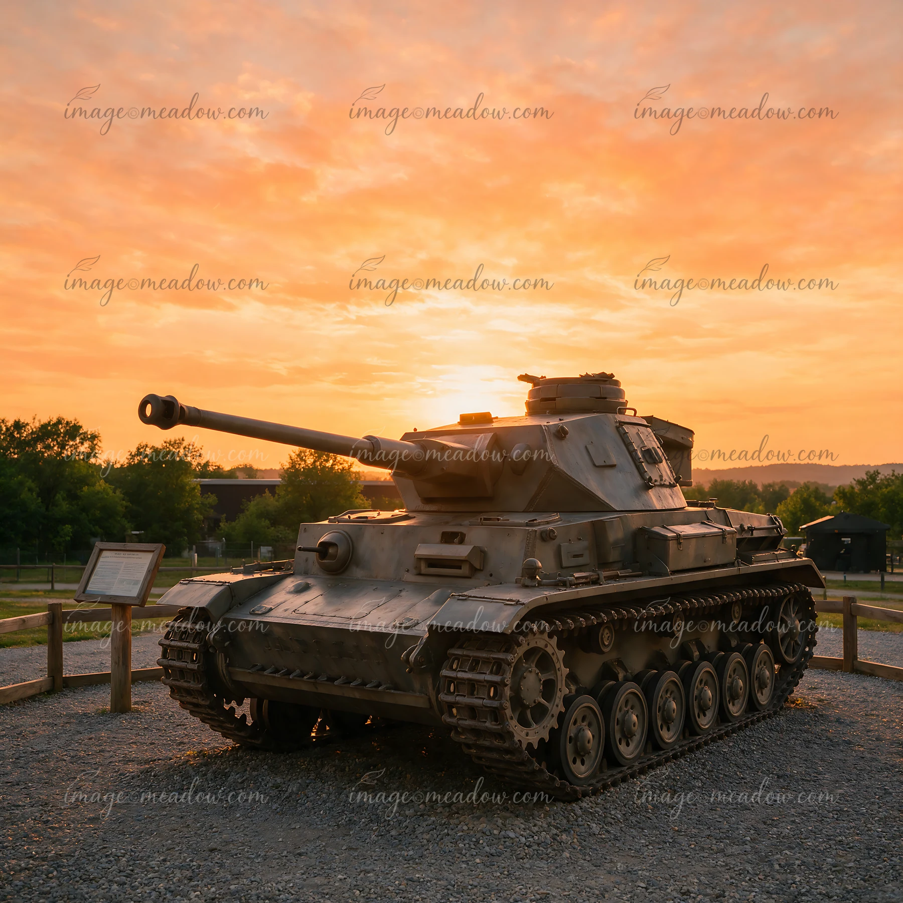 A panzer tank sunset museum display shows the tank sitting on gravel beneath a colorful sky.