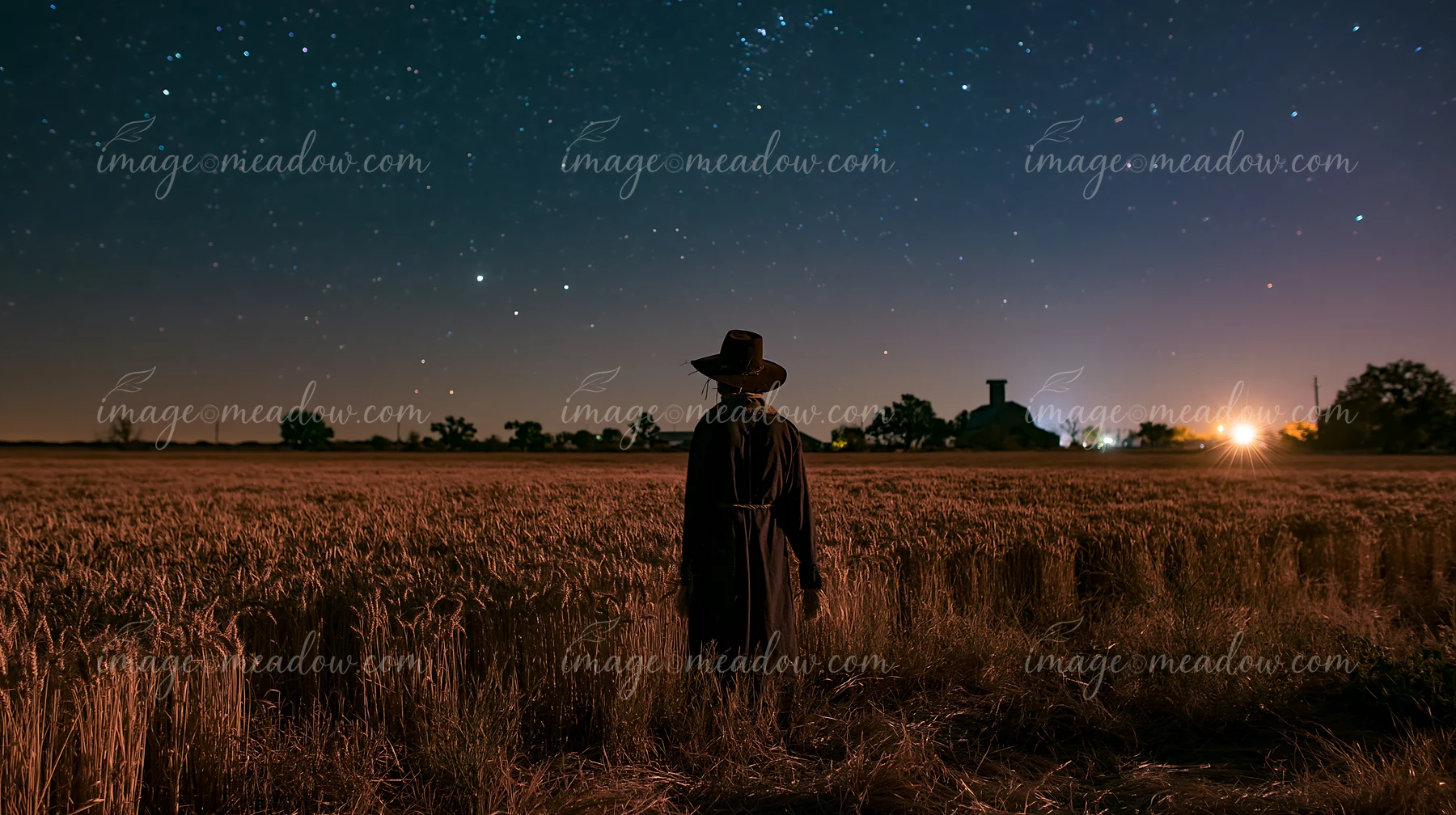 A person stands among ripe wheat in a field, gazing at the starry night sky.