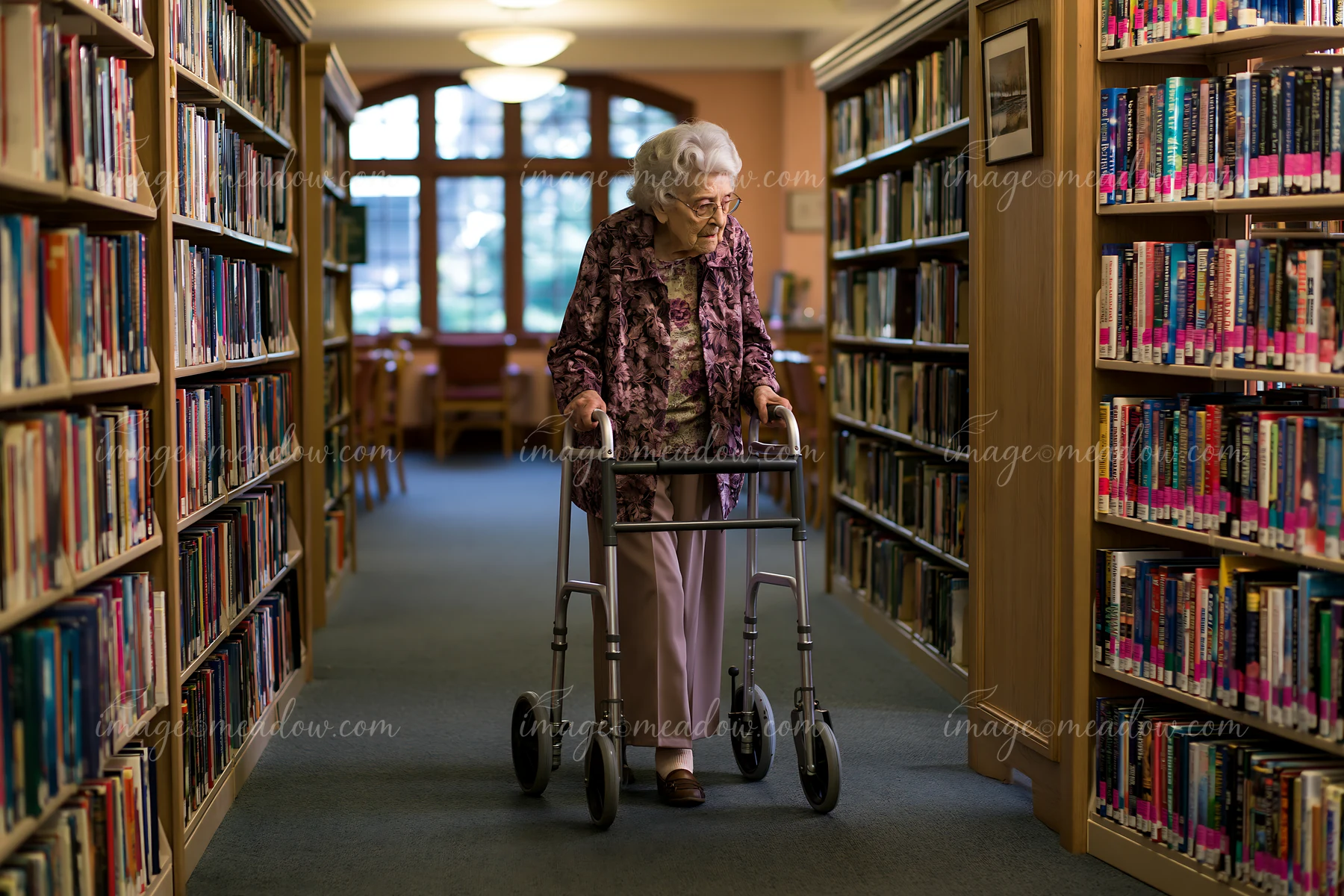 A person with Alzheimer's using a walking aid moves through a library aisle lined with bookshelves.