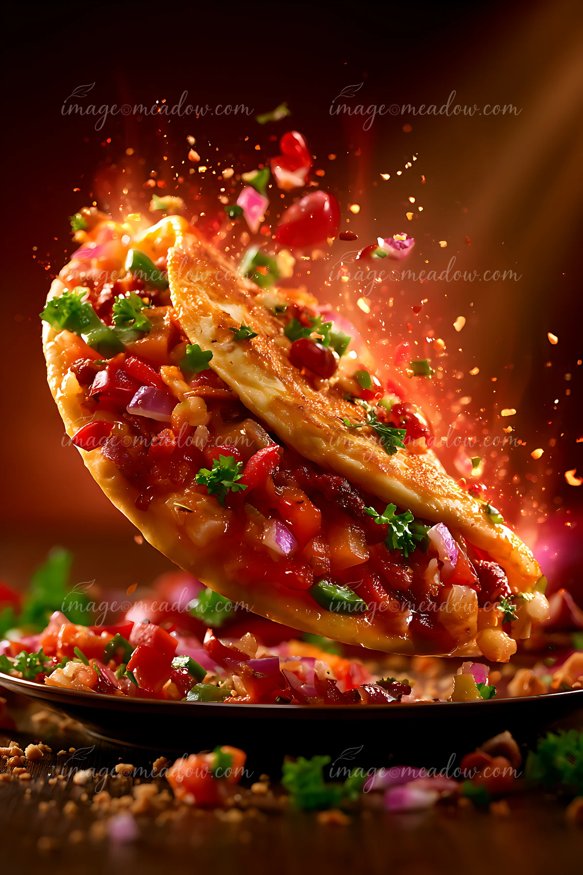 A plate of nachos is topped with cheese, tomatoes, onions, and herbs.