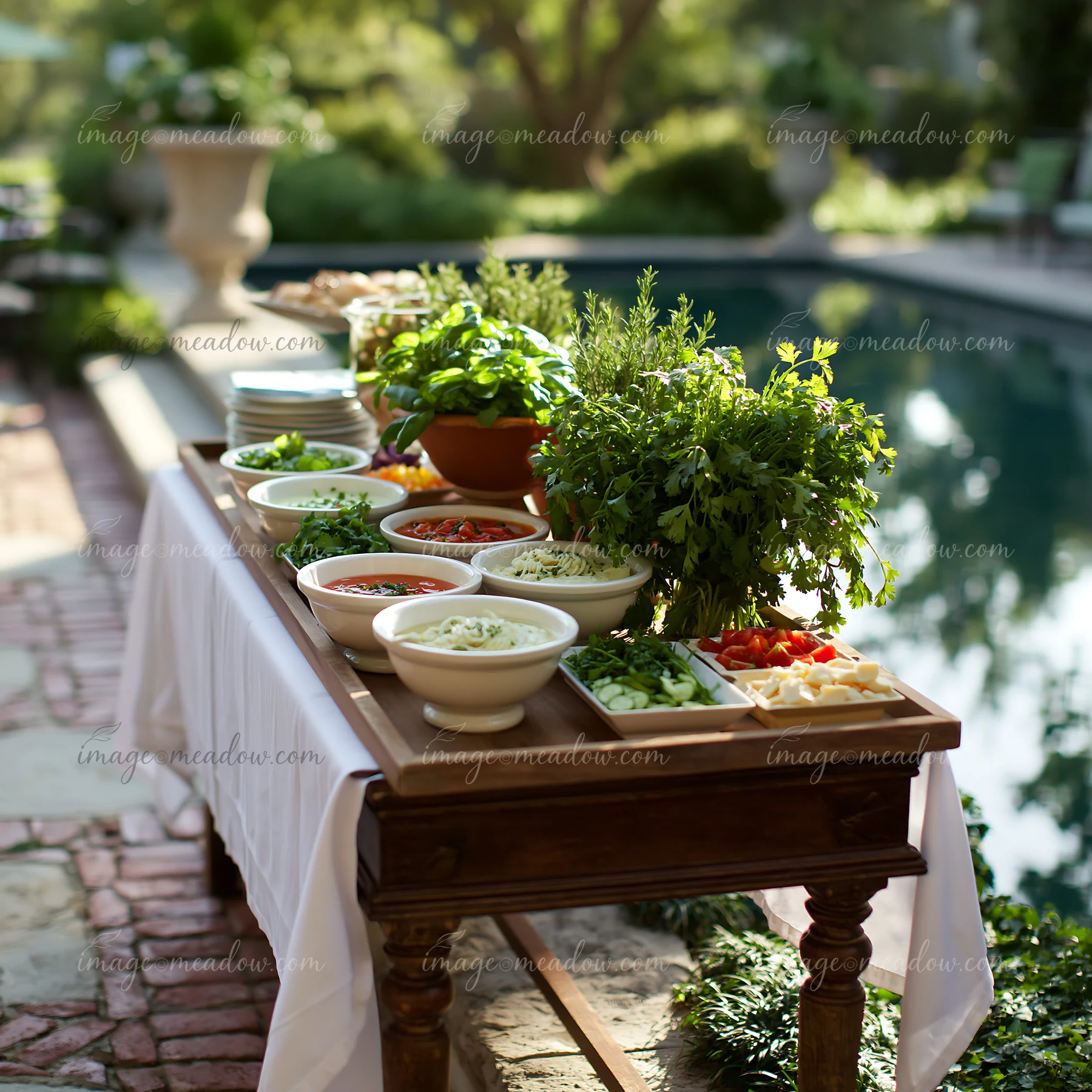 A poolside buffet table displays a variety of fresh ingredients and herbs.