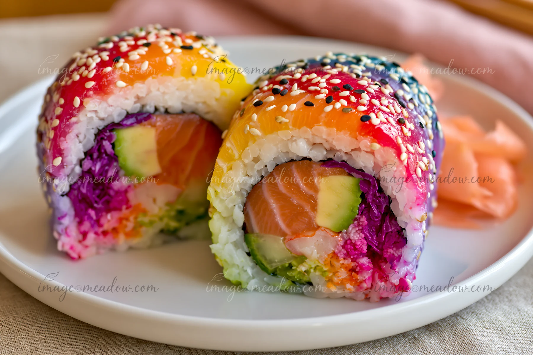 A rainbow sushi roll close-up shows colorful layers of fish and vegetables sliced in half.