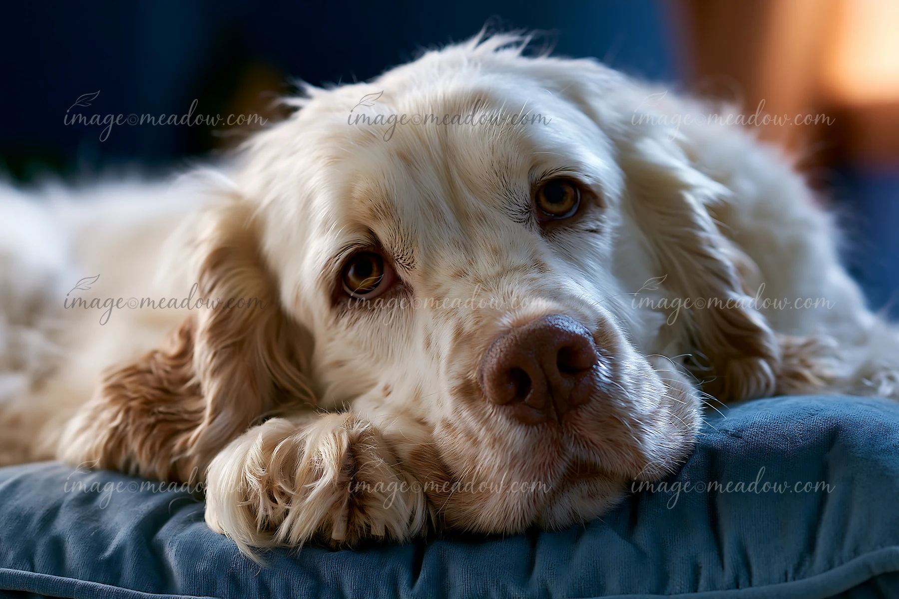 A rare dog breed lies on a blue cushion in a studio setting, its eyes looking calmly at the viewer.