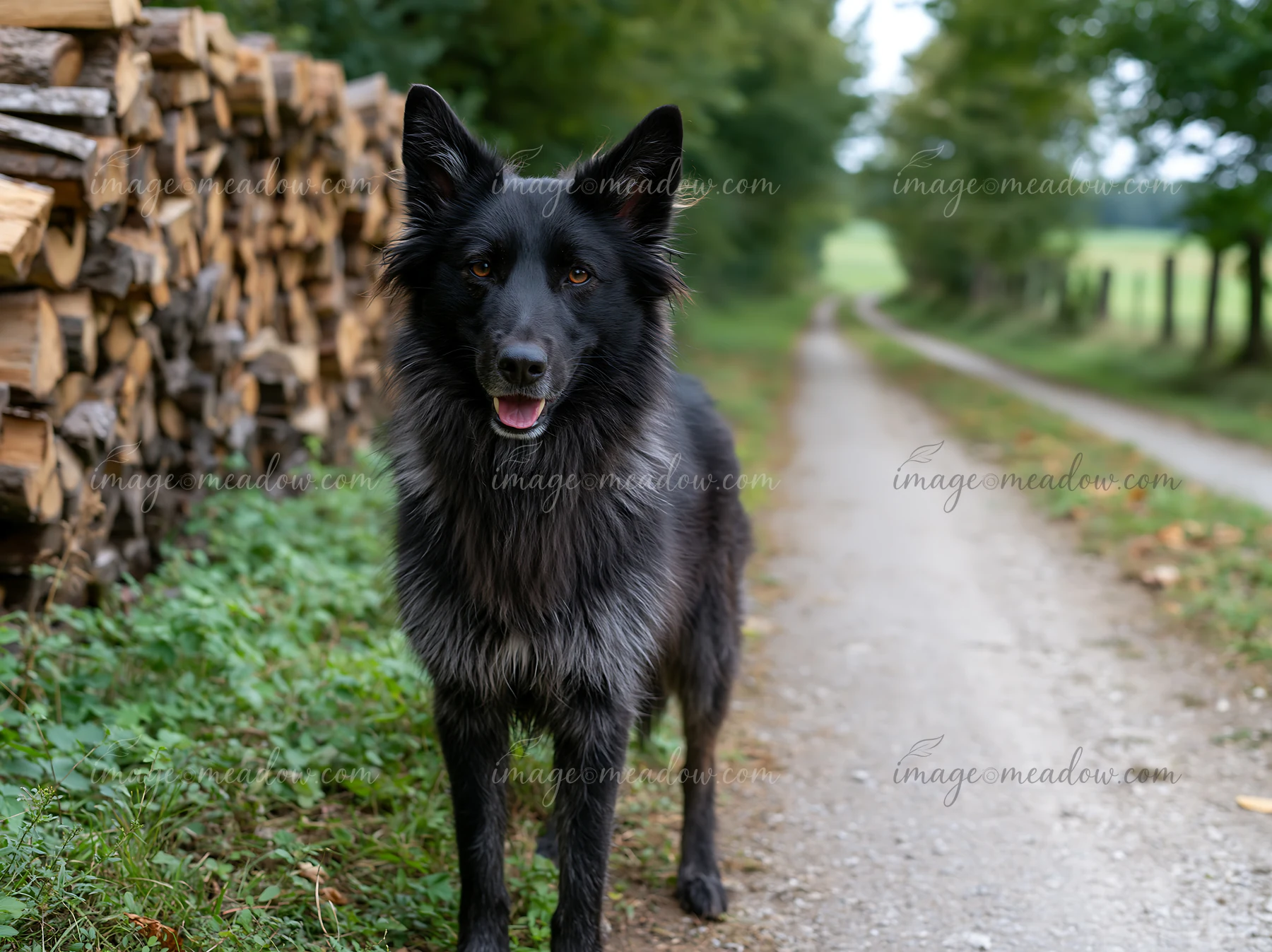 A rare dog breed stands on a dirt road surrounded by trees and a woodpile.