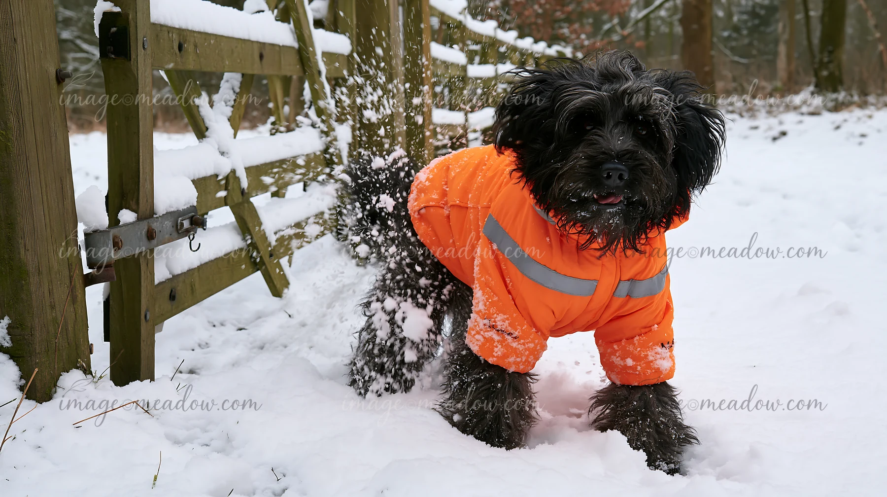 A rare dog breed wearing winter coat plays in the snow near a wooden fence.