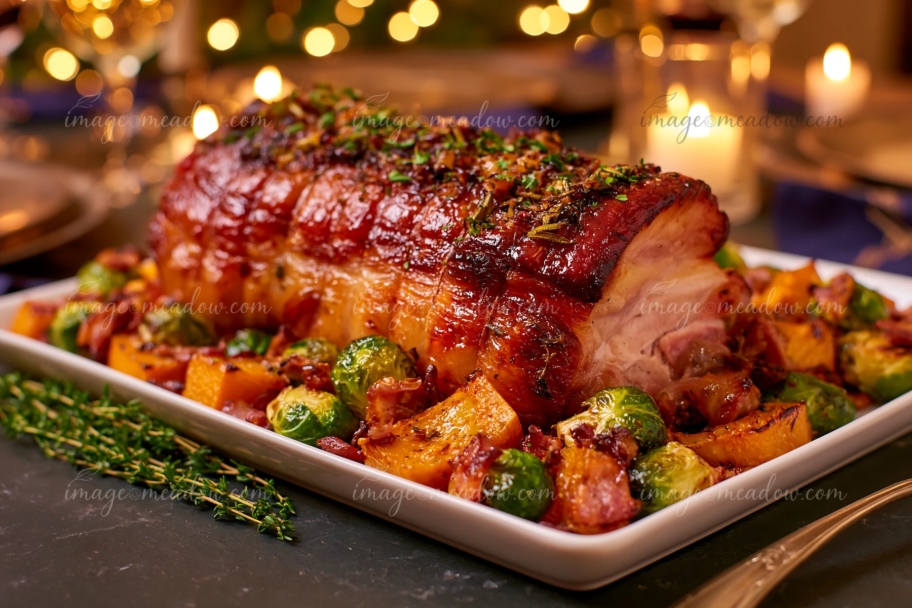 A roasted pig with herbs and vegetables is displayed on a festive table surrounded by candles and decorations.