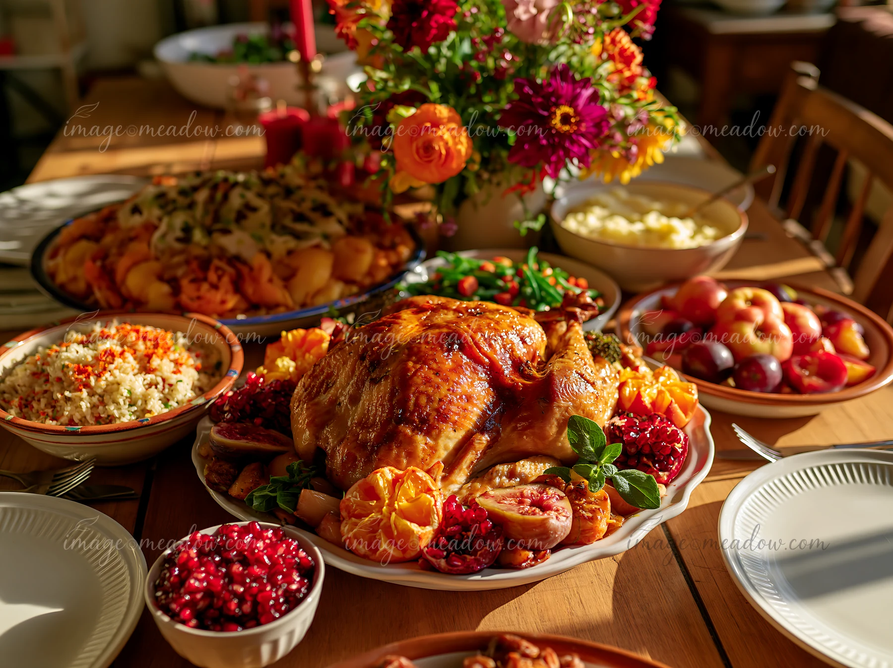 A roasted turkey is presented on a festive dining table filled with various side dishes and vibrant flowers.
