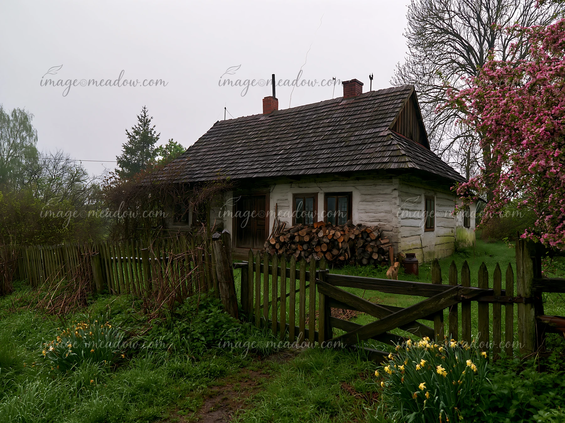 A rural cottage with chimney smoke rises from the roof amid lush greenery and flowering plants.