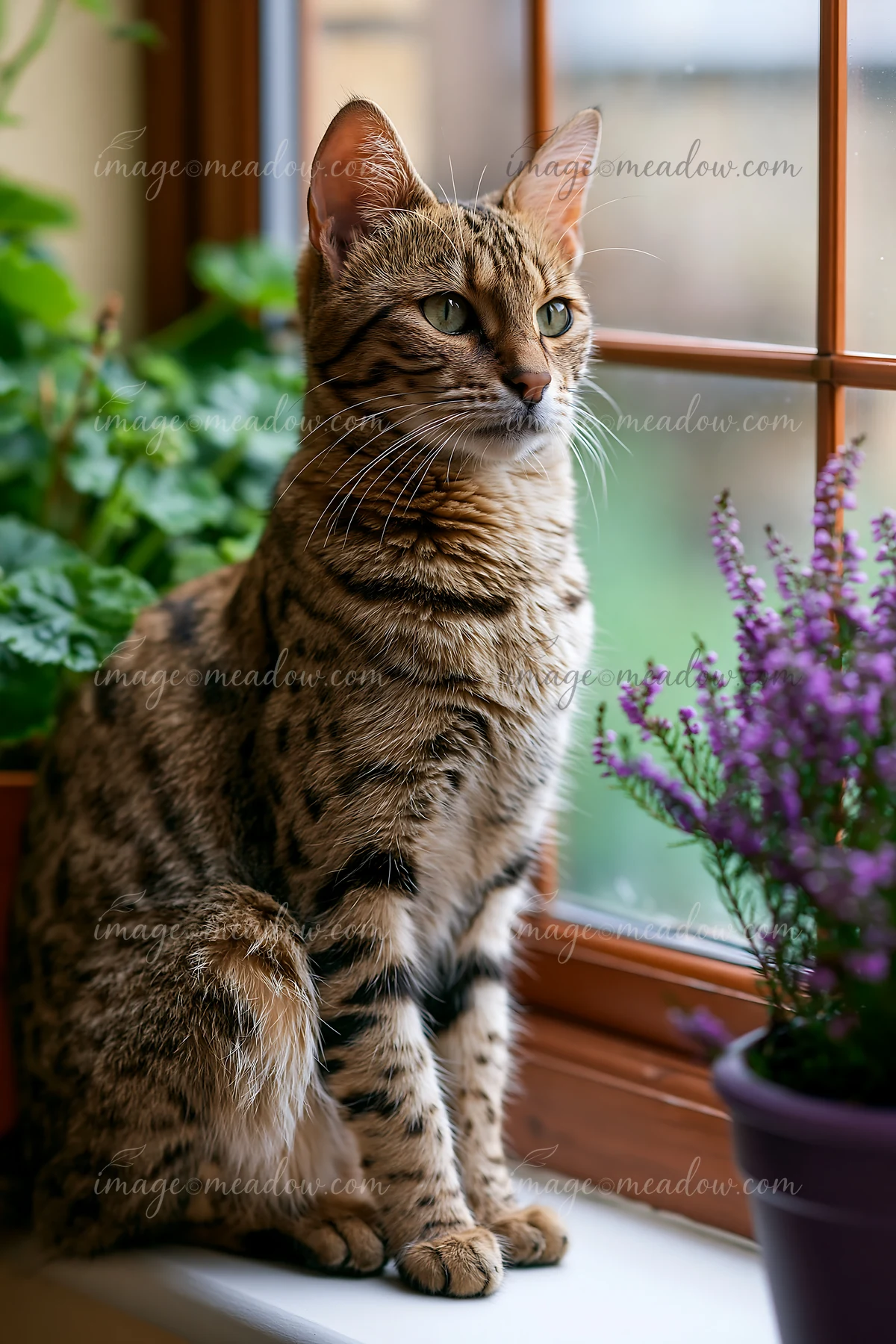 A Savannah cat is sitting by the window, looking out as plants surround it.