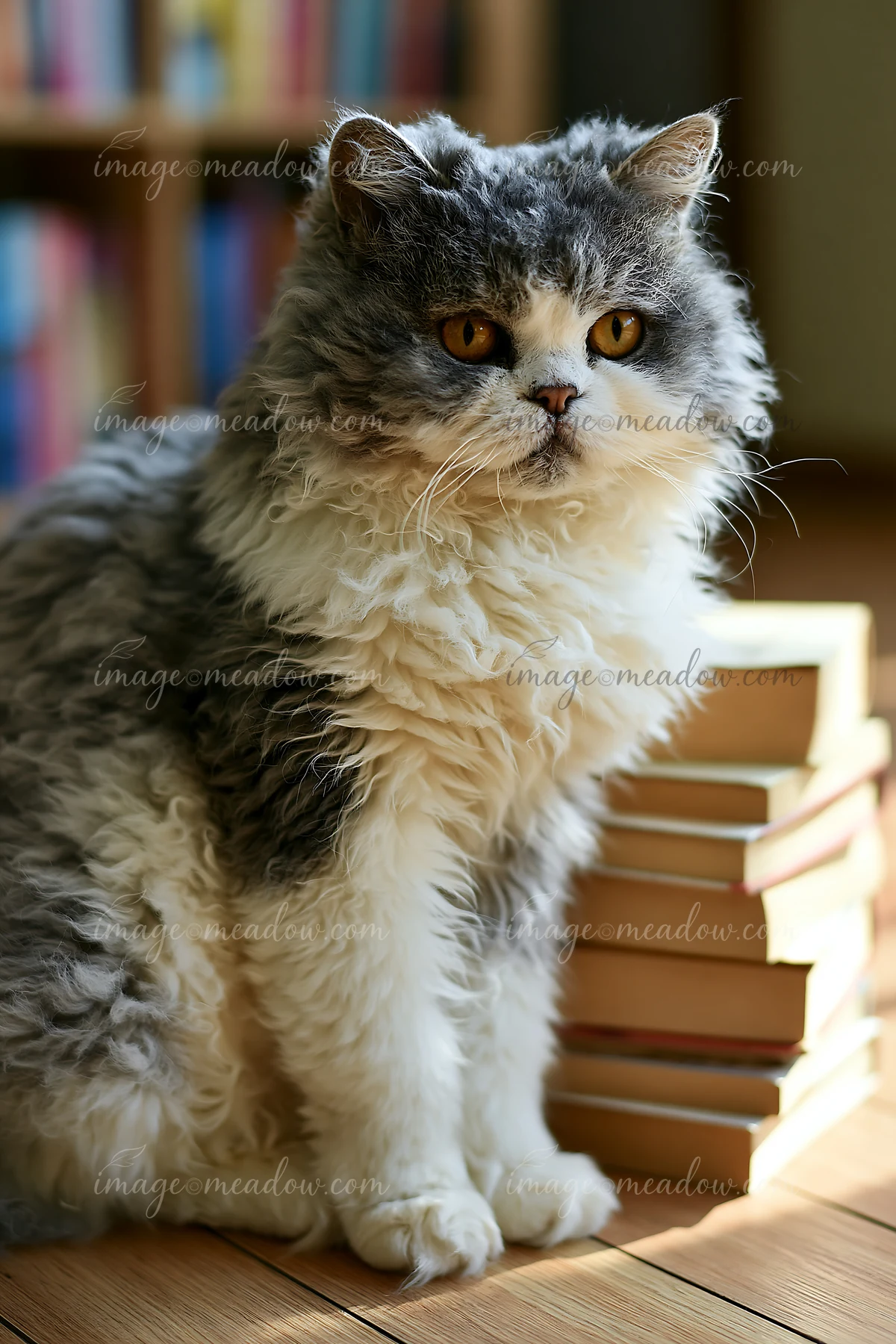 A Selkirk Rex cat sits beside a stack of books in a cozy indoor space.