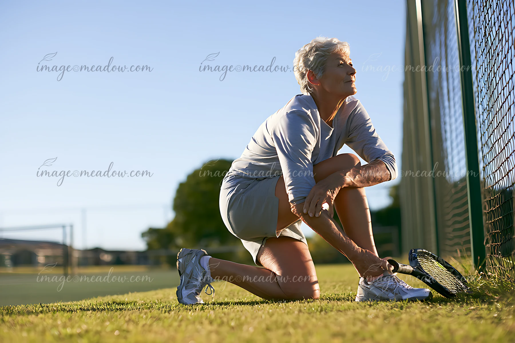 A senior woman bends down to stretch near a tennis court in bright sunlight.