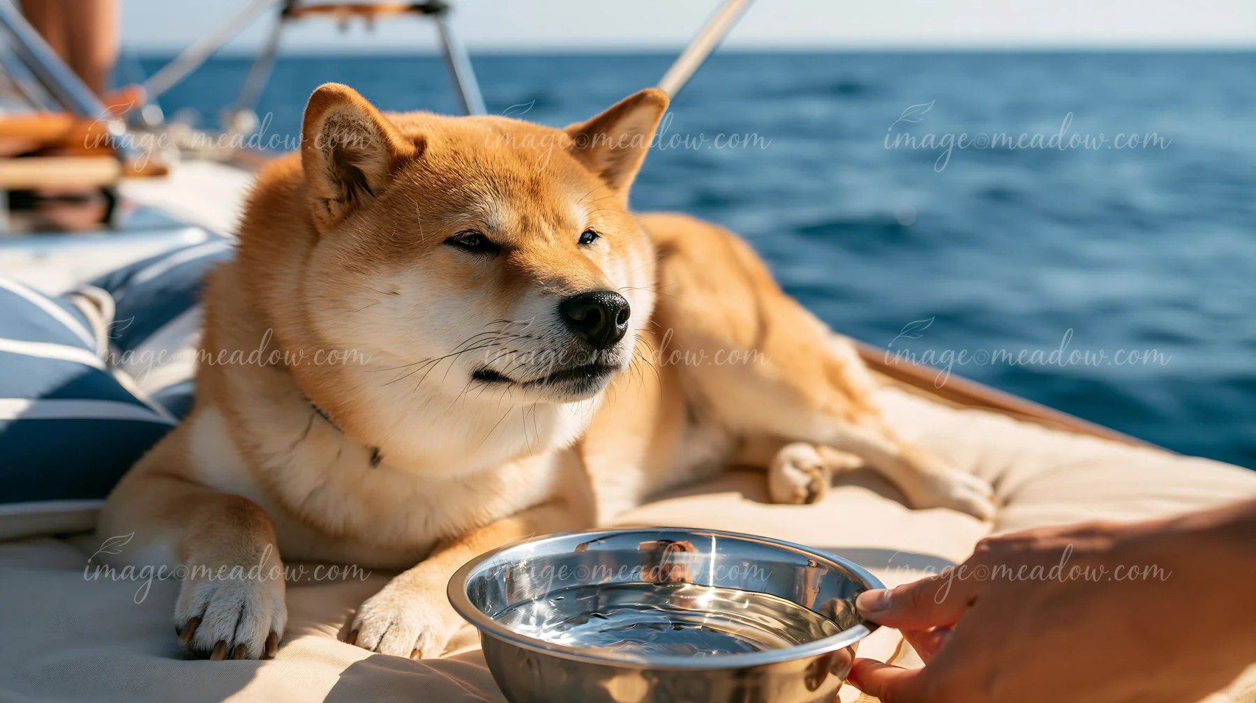 A shiba inu lies comfortably on a yacht's cushion while enjoying a view of the ocean.