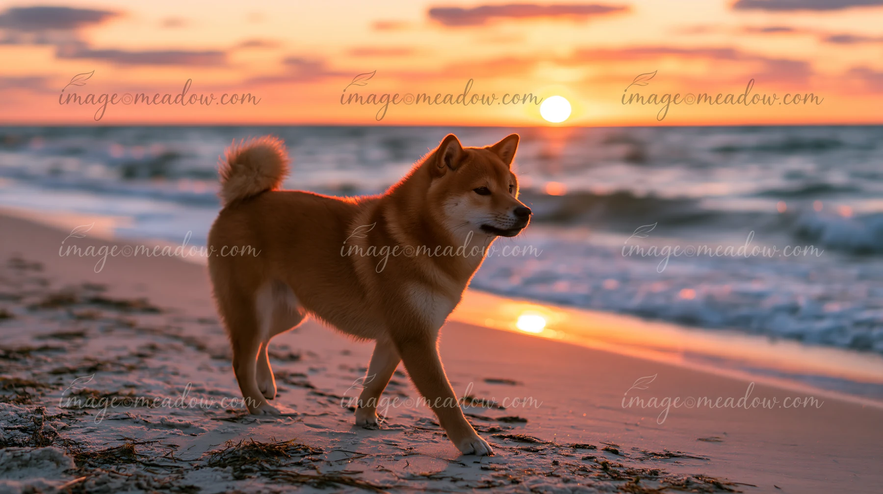 A Shiba Inu walks on the sandy beach as the sun sets over the horizon, reflecting warm colors on the water.