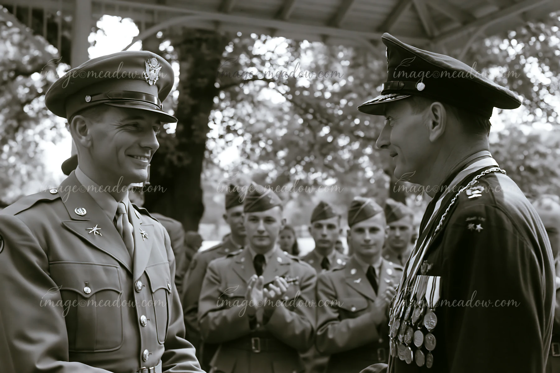 A soldier receiving medal stands smiling during a military award ceremony surrounded by fellow soldiers who are clapping.