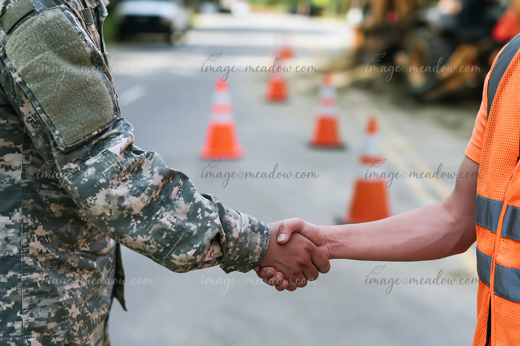 A soldier shaking hands with a construction worker on a busy job site.