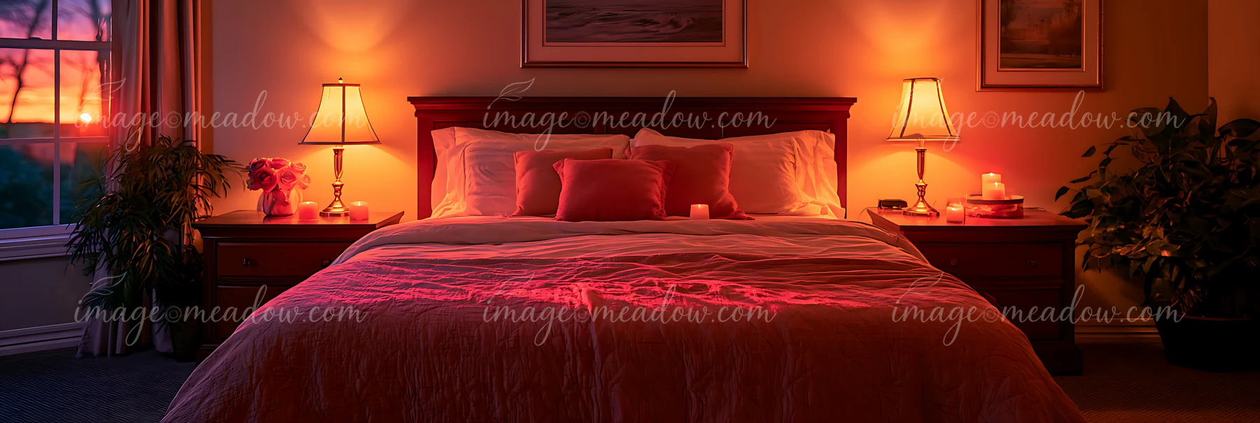 A spacious bedroom features a large bed with soft bedding, bedside lamps, and a view of a sunset through the window.