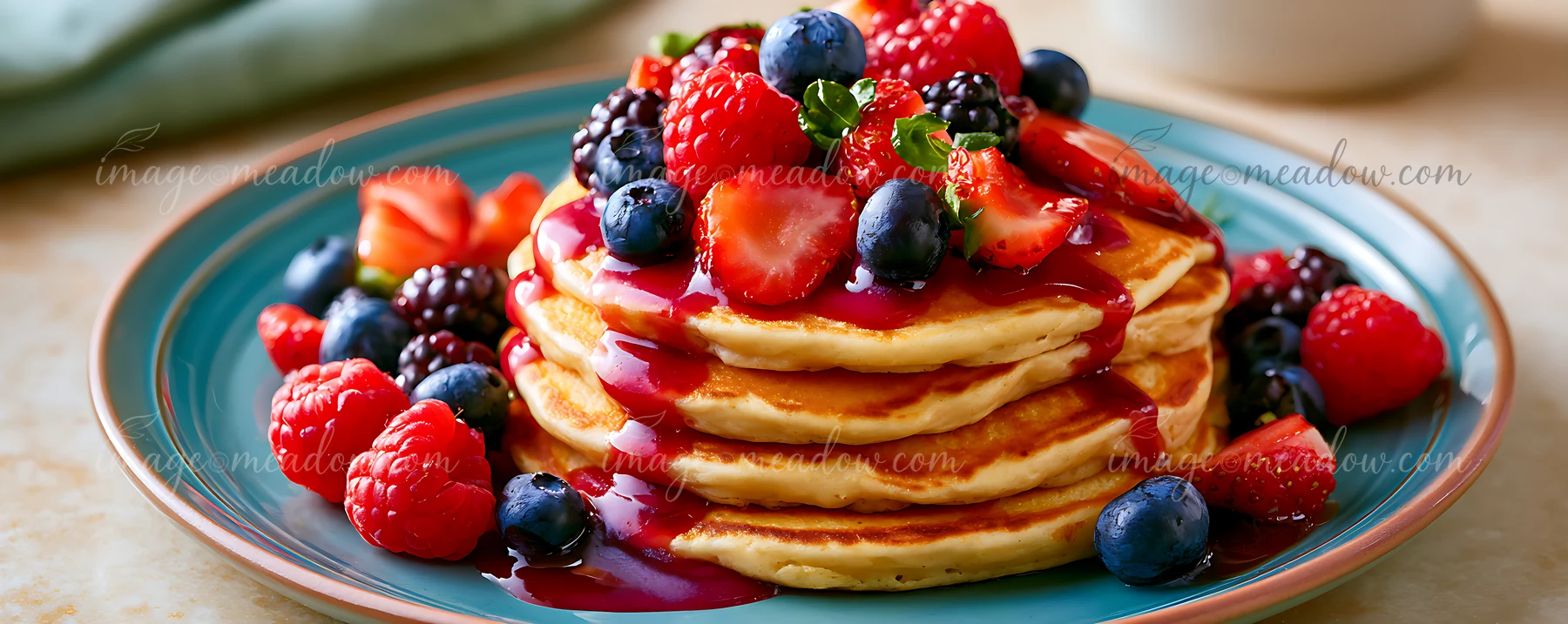 A stack of golden pancakes topped with mixed berries and syrup sits on a teal plate.