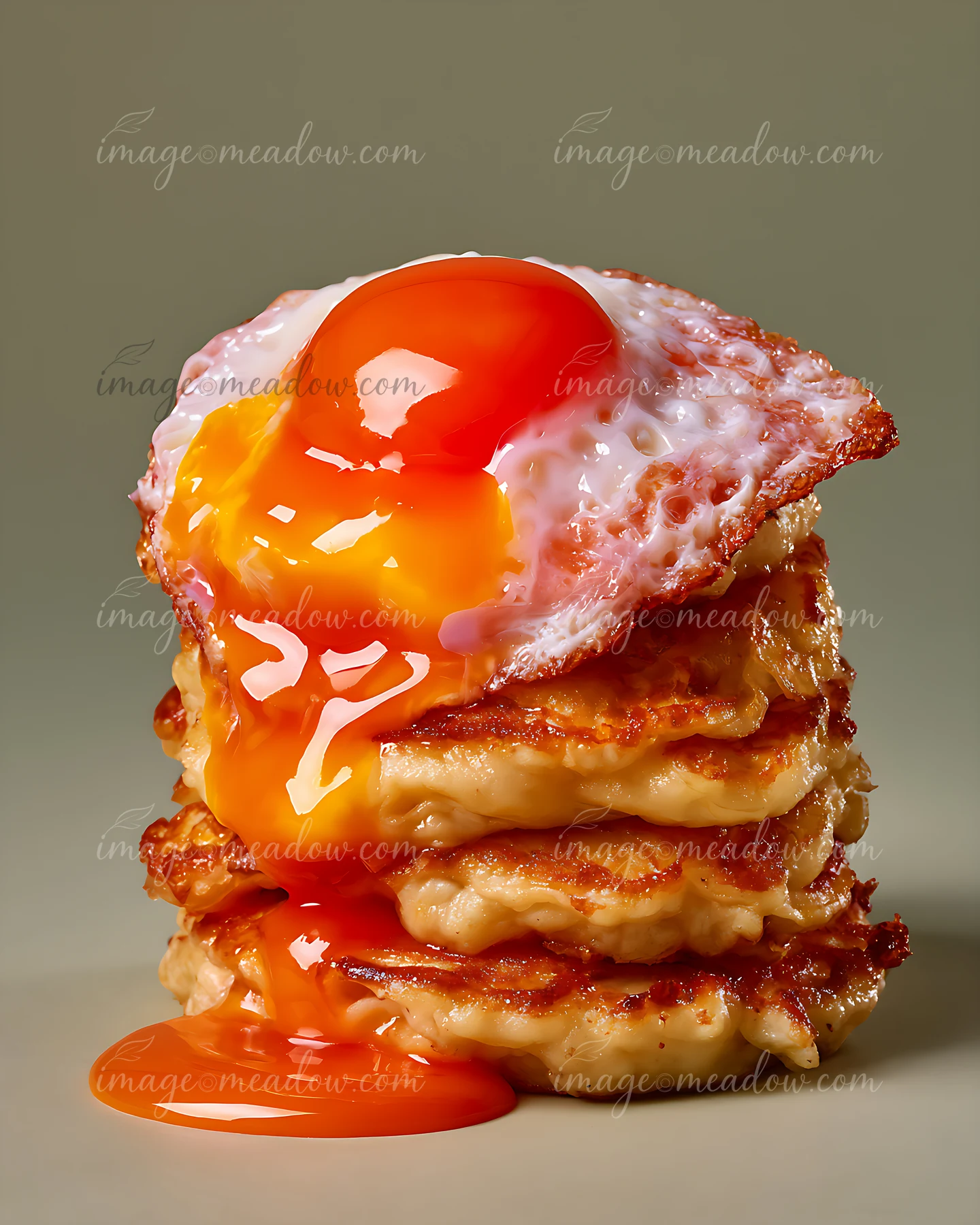 A stack of three pancakes is placed on a flat surface, topped with a fried egg.