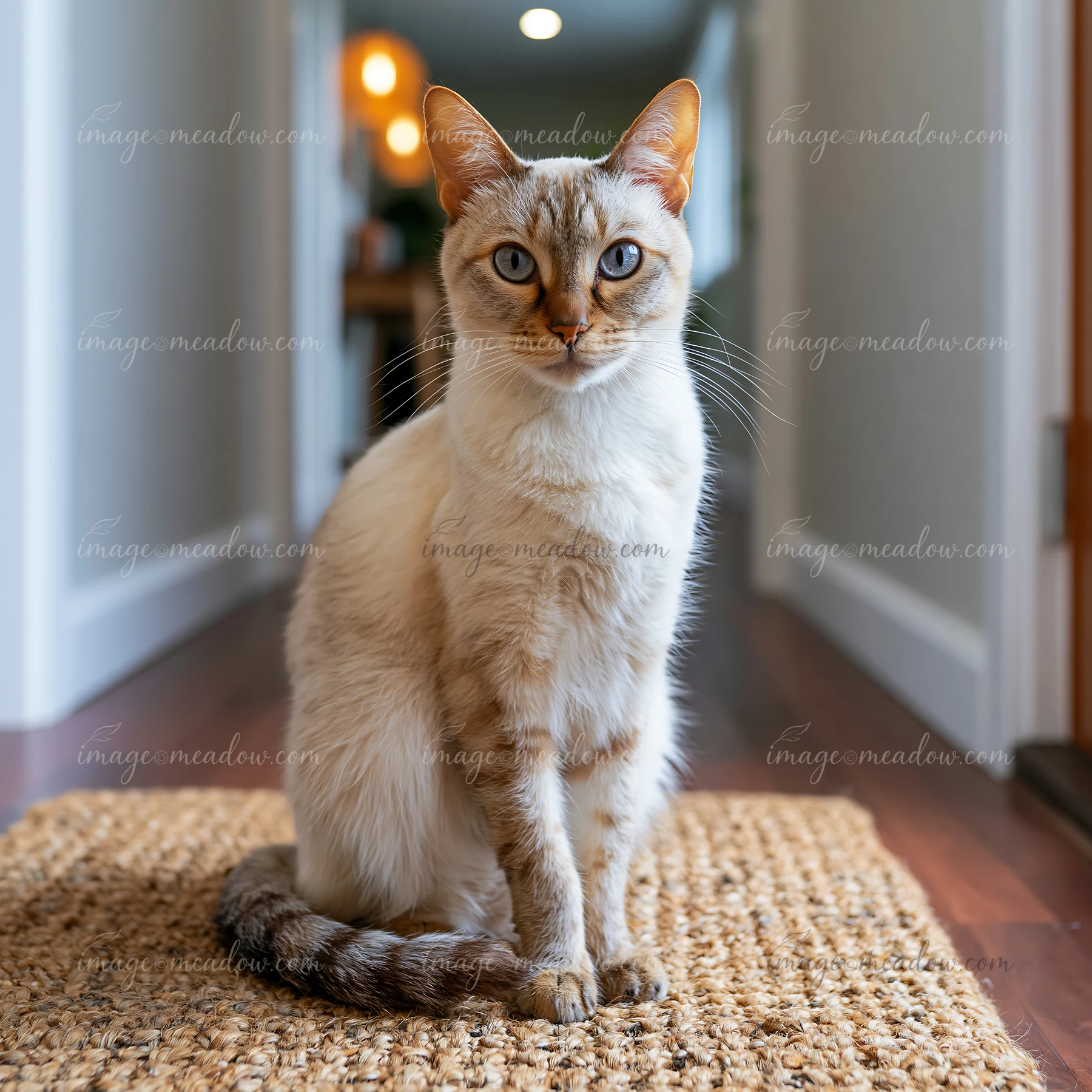 A Suphalak cat is sitting on a woven rug in a hallway.