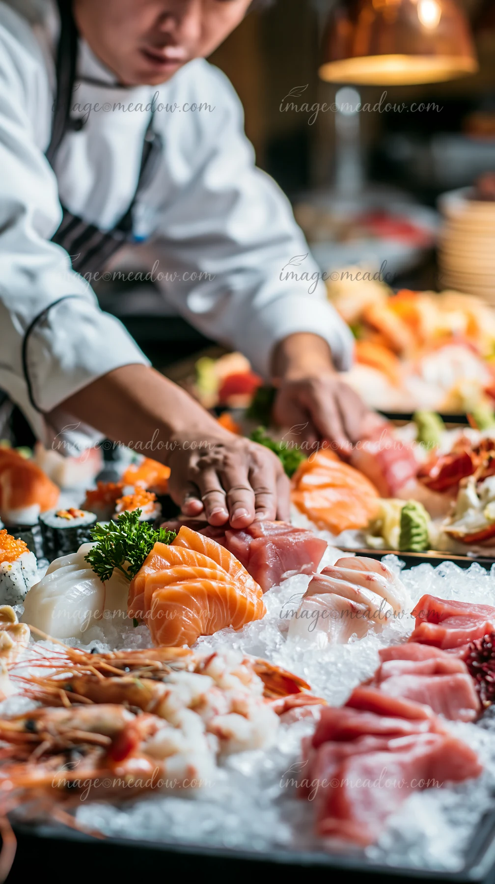 A sushi chef prepares fresh sashimi on an ice display in a restaurant setting.