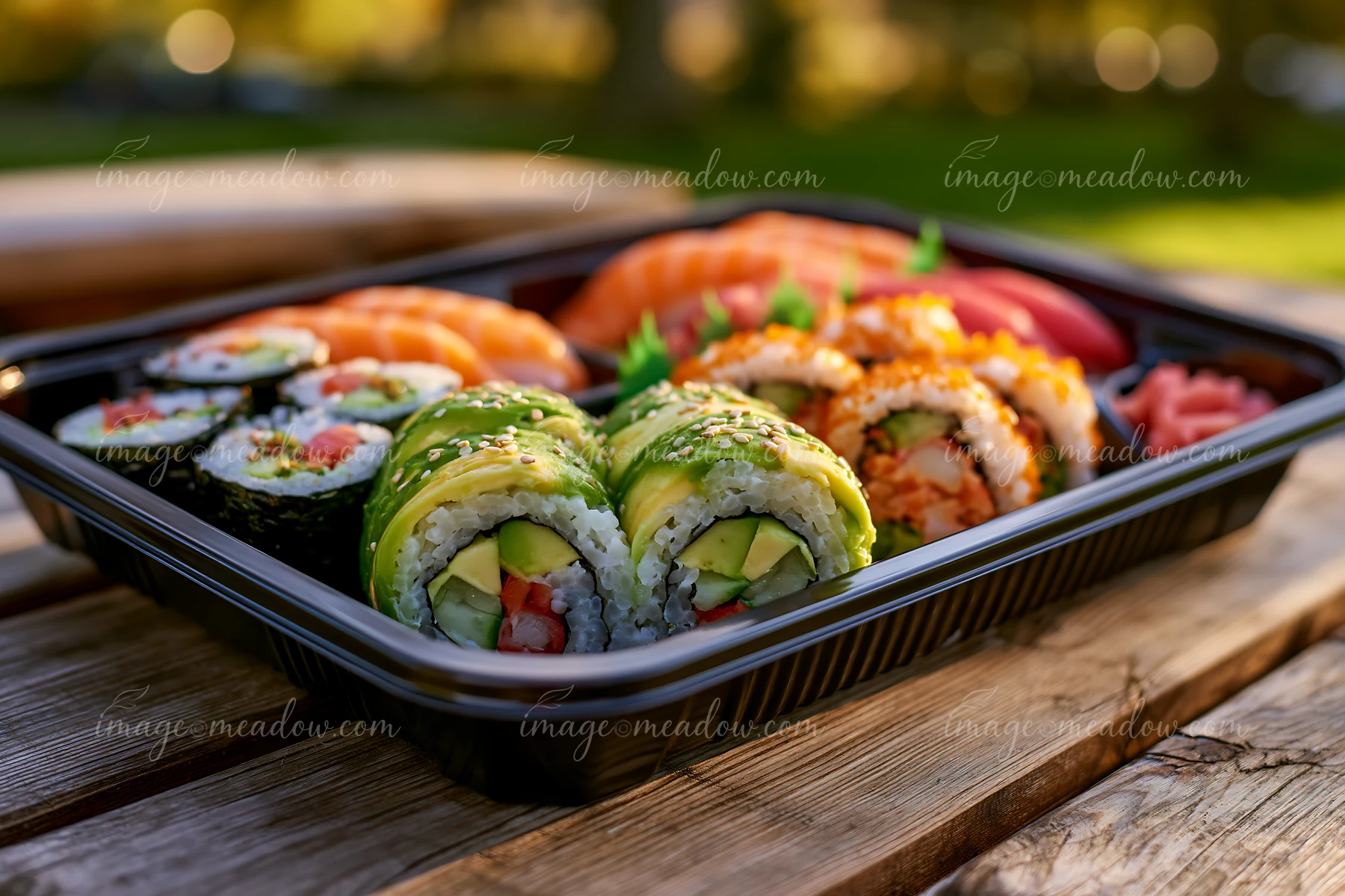 A sushi delivery box close-up shows various sushi rolls and sashimi arranged neatly.
