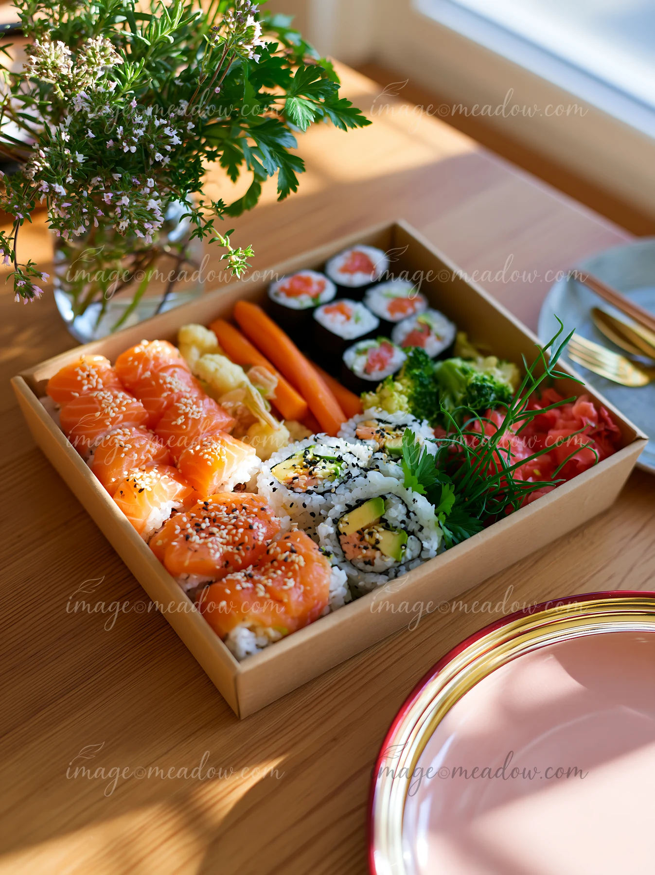 A sushi takeaway box close-up shows a variety of sushi rolls, salmon, and fresh vegetables arranged neatly in a tray.