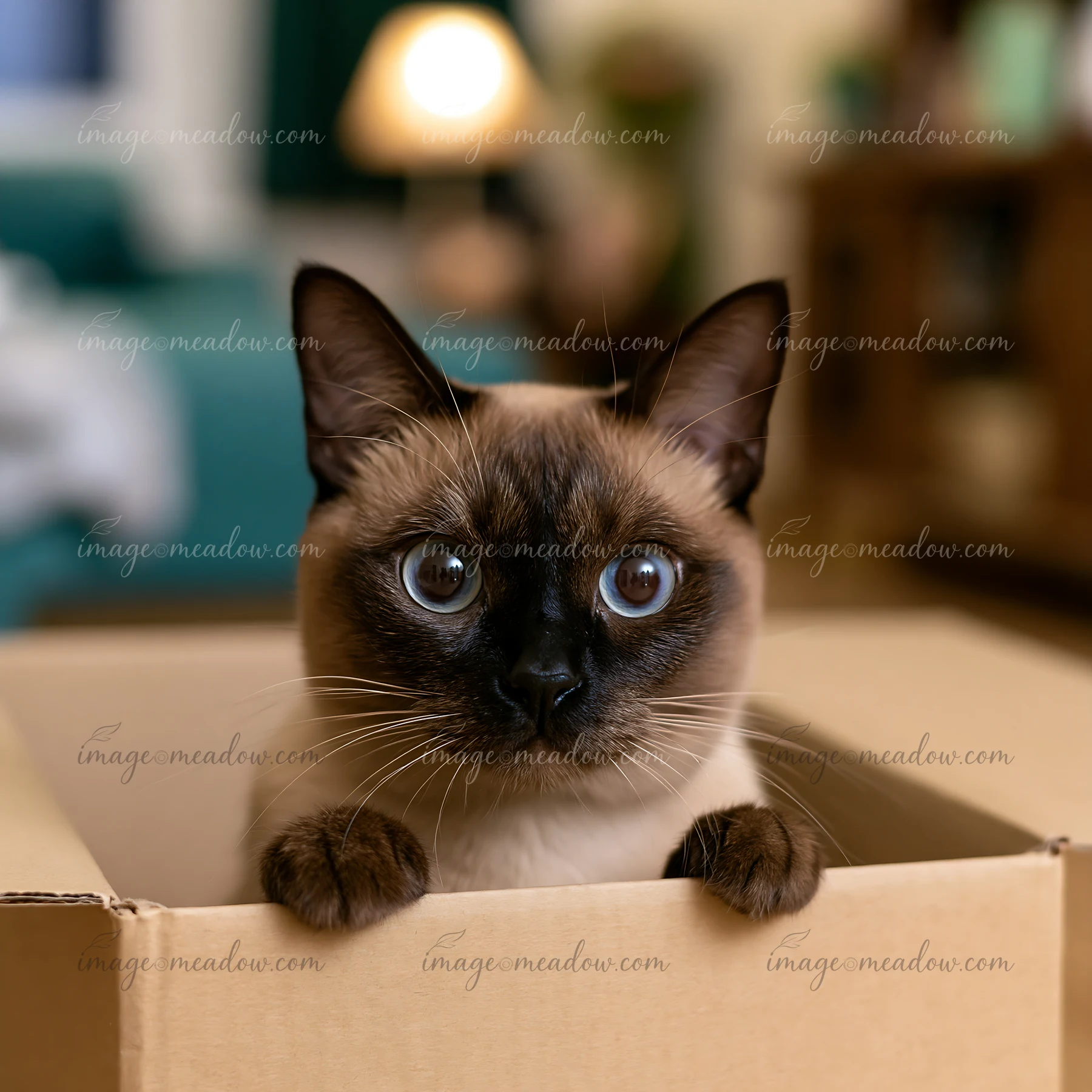 A Tonkinese cat looks out from inside a cardboard box with wide eyes.