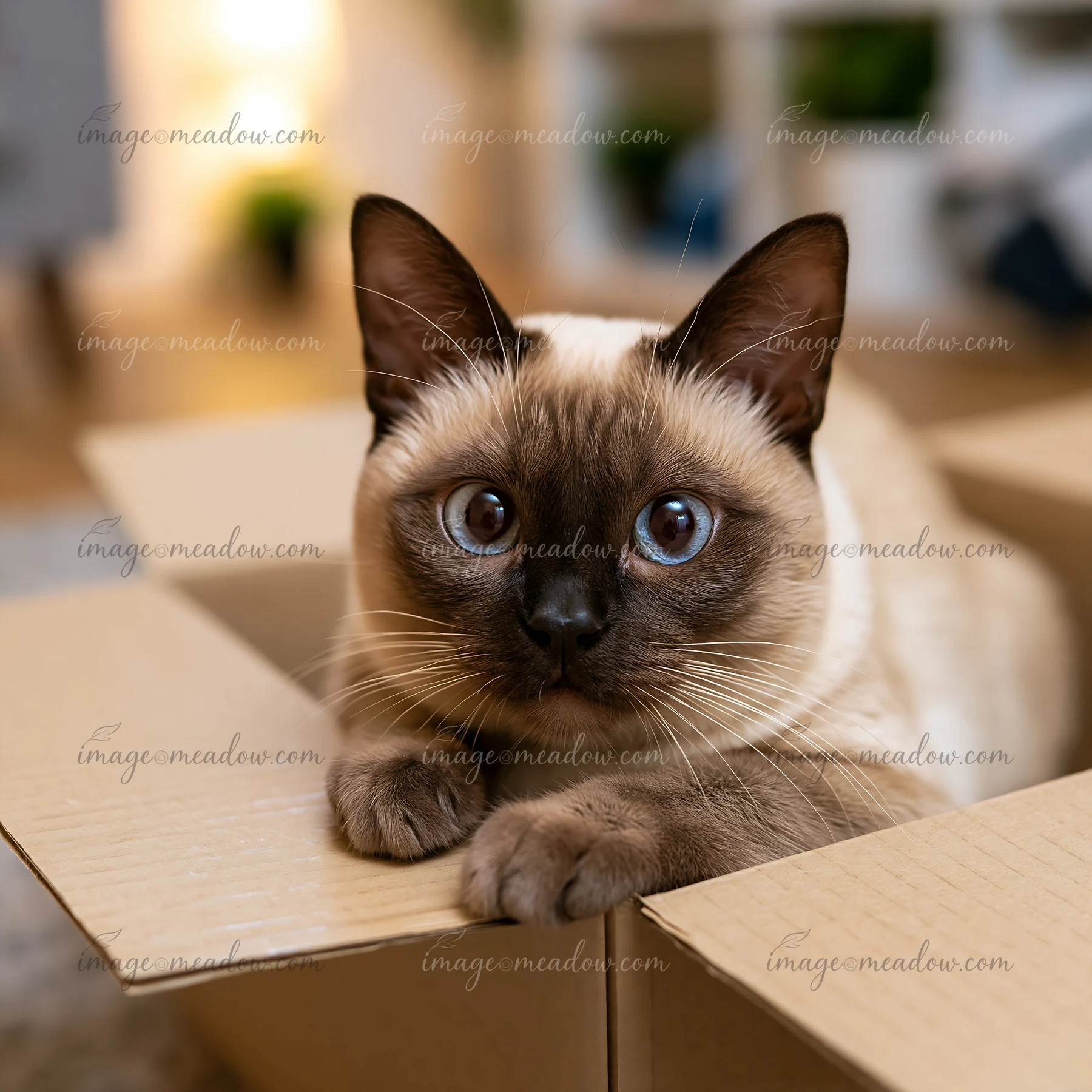 A Tonkinese cat rests comfortably inside a cardboard box.