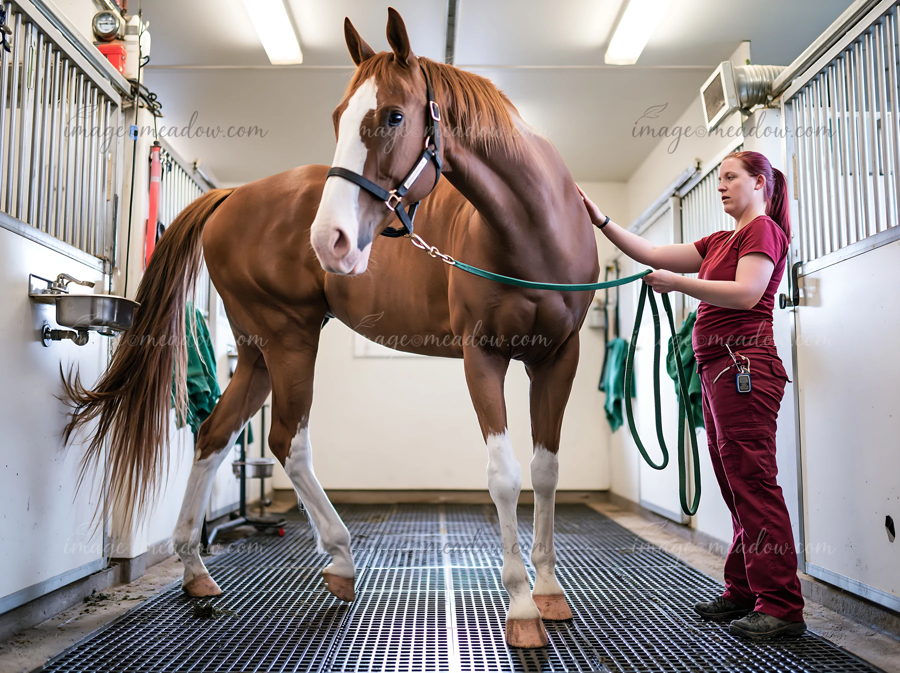 A veterinarian examining horse inside a veterinary clinic, ensuring the animal's health and well-being during a routine check-up.