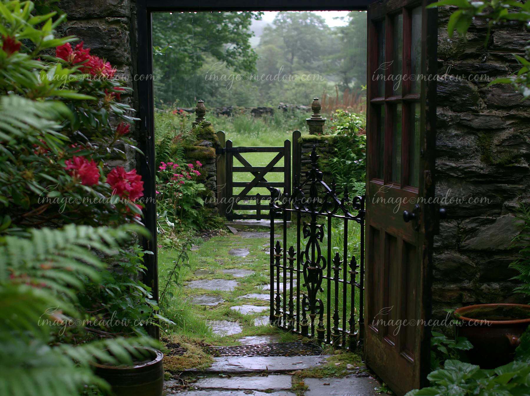 A view from a timber cottage shows a stone pathway leading to an iron gate, surrounded by lush greenery and blooming flowers on a rainy day.