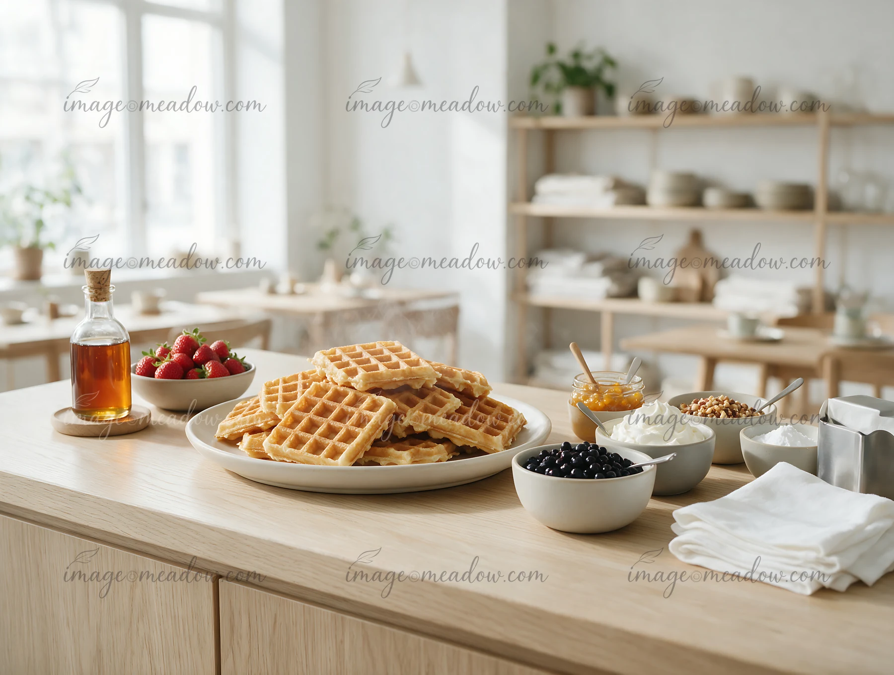 A waffle buffet station features a platter of golden waffles alongside bowls of fresh fruit, syrups, and various toppings.