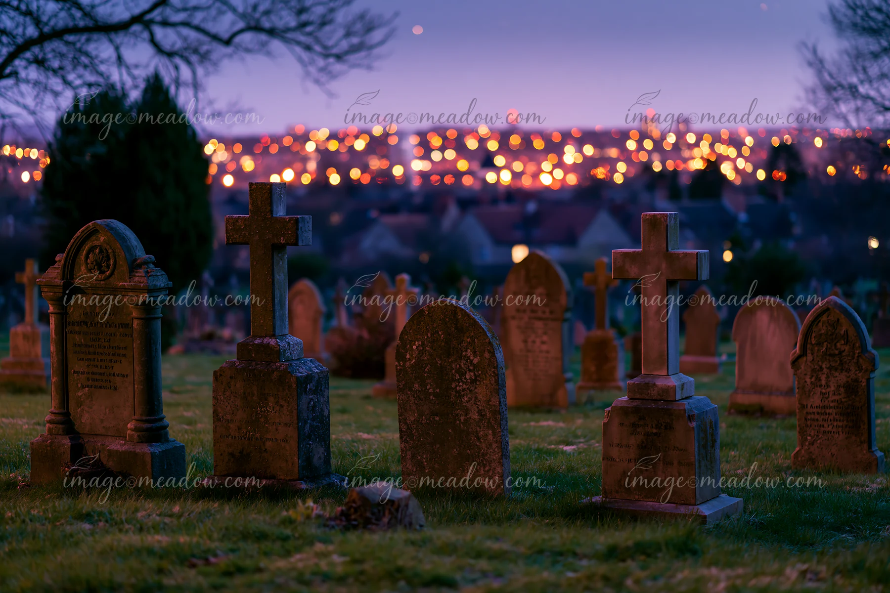 A war cemetery features headstones and crosses, with distant city lights glowing under a starry sky.