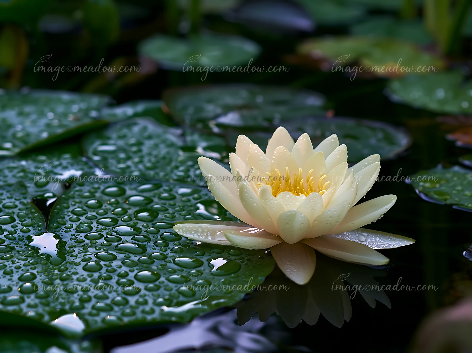 A water lily blooms on a pond surface with droplets resting on green leaves.