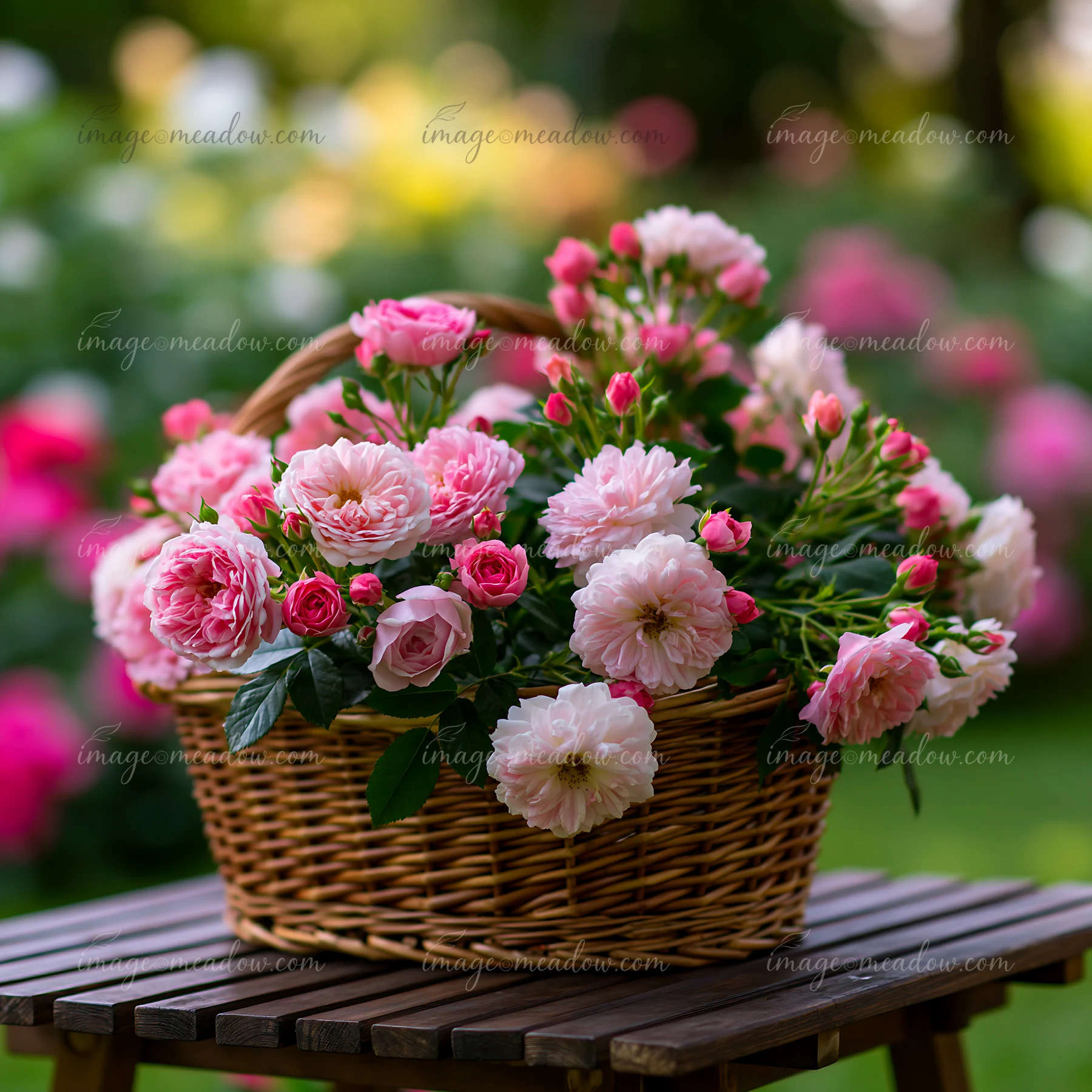 A wicker basket filled with pink roses sits on a wooden table in a cottage garden.