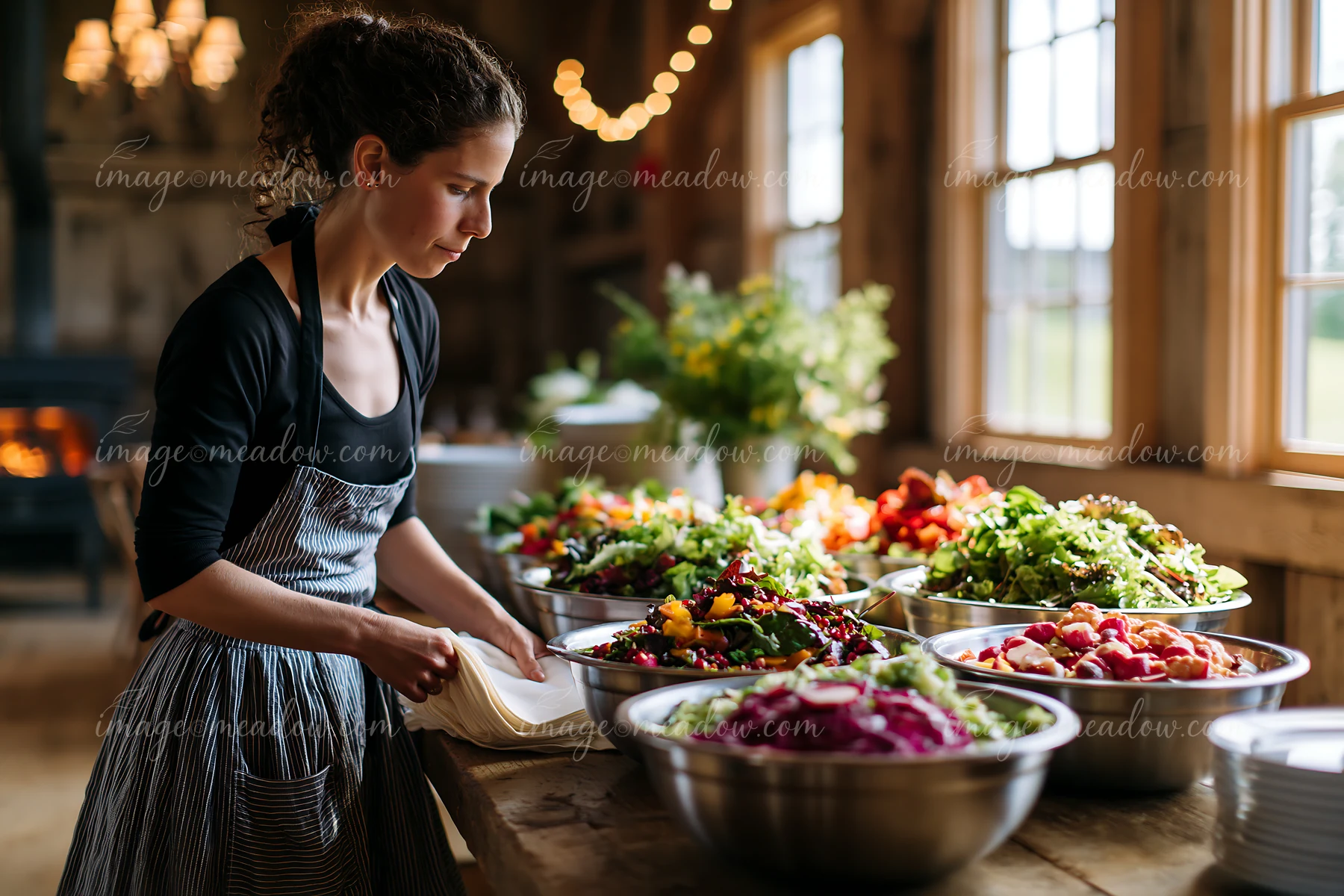 A woman arranges colorful salads in metal bowls on a wooden table in a rustic kitchen with warm lighting.