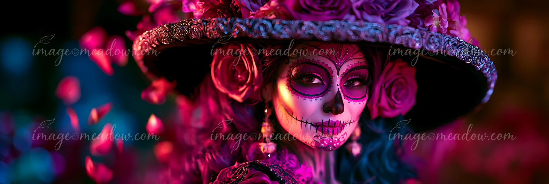 A woman poses for the camera wearing a large hat adorned with flowers and sugar skull makeup.