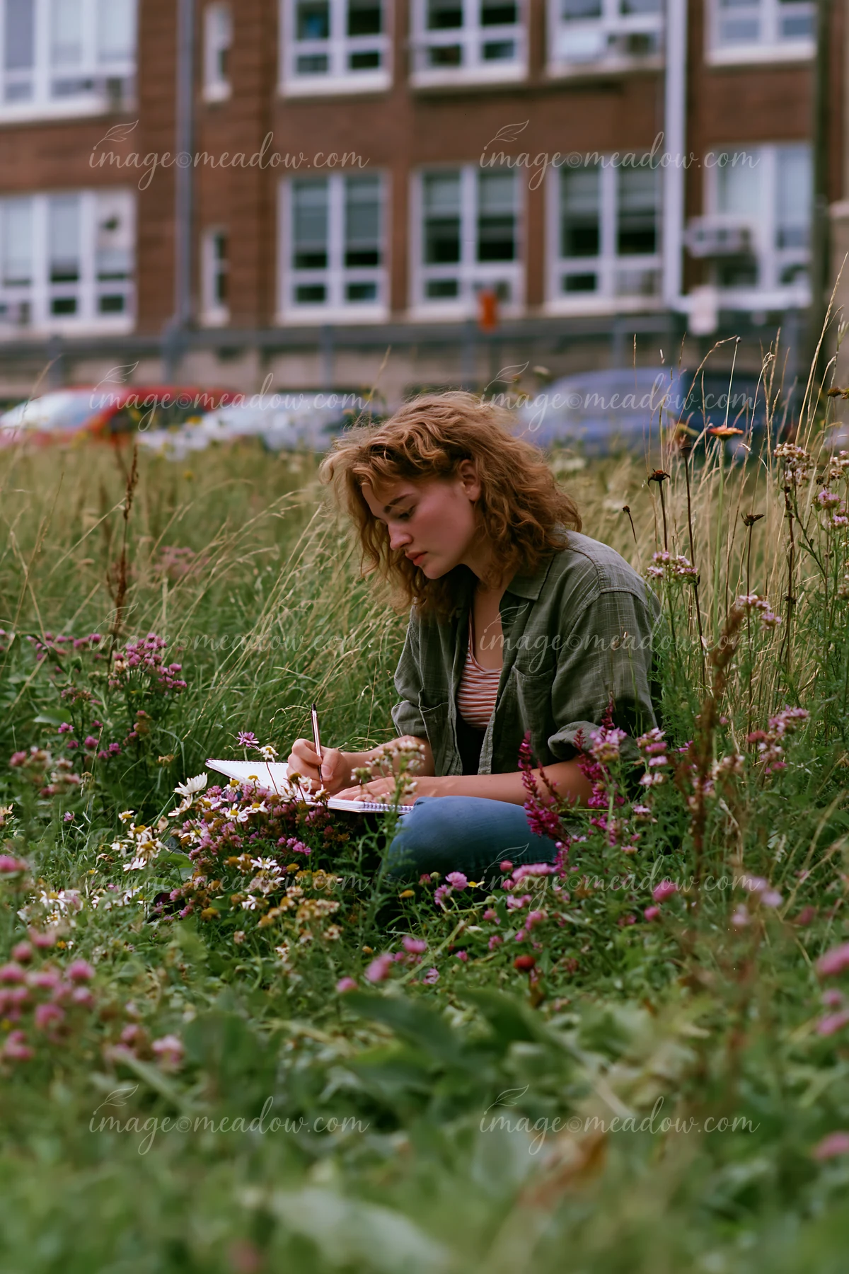 A woman sits in an urban meadow among buildings, surrounded by wildflowers, writing in her notebook.
