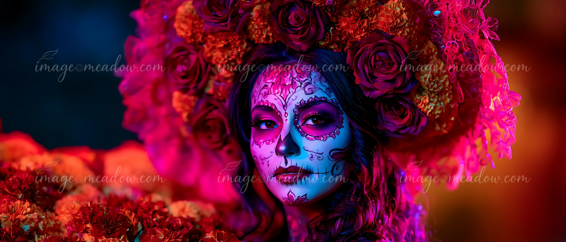 A woman stands at a festive event, wearing intricate makeup and a large flower crown.