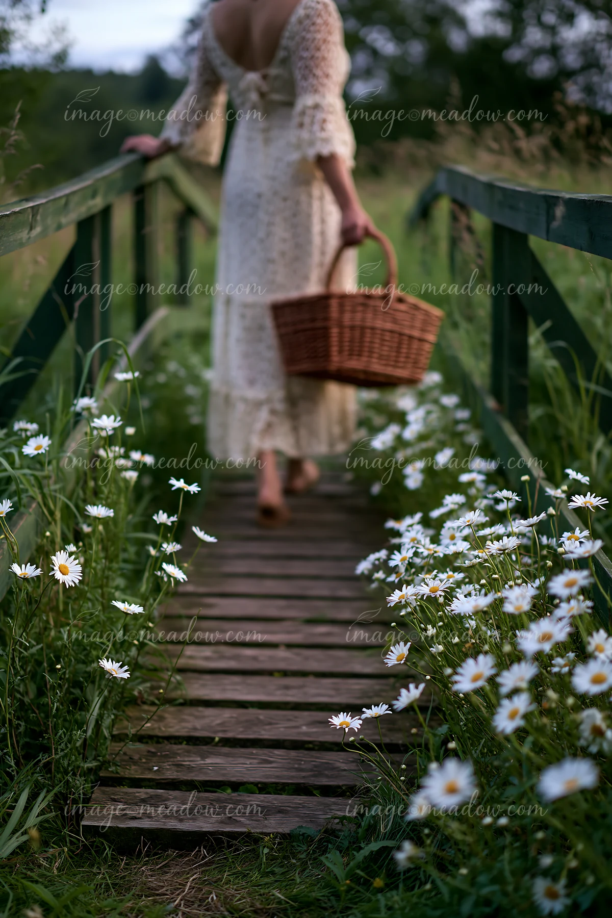 A woman walks along a wooden footbridge in a meadow, carrying a basket.